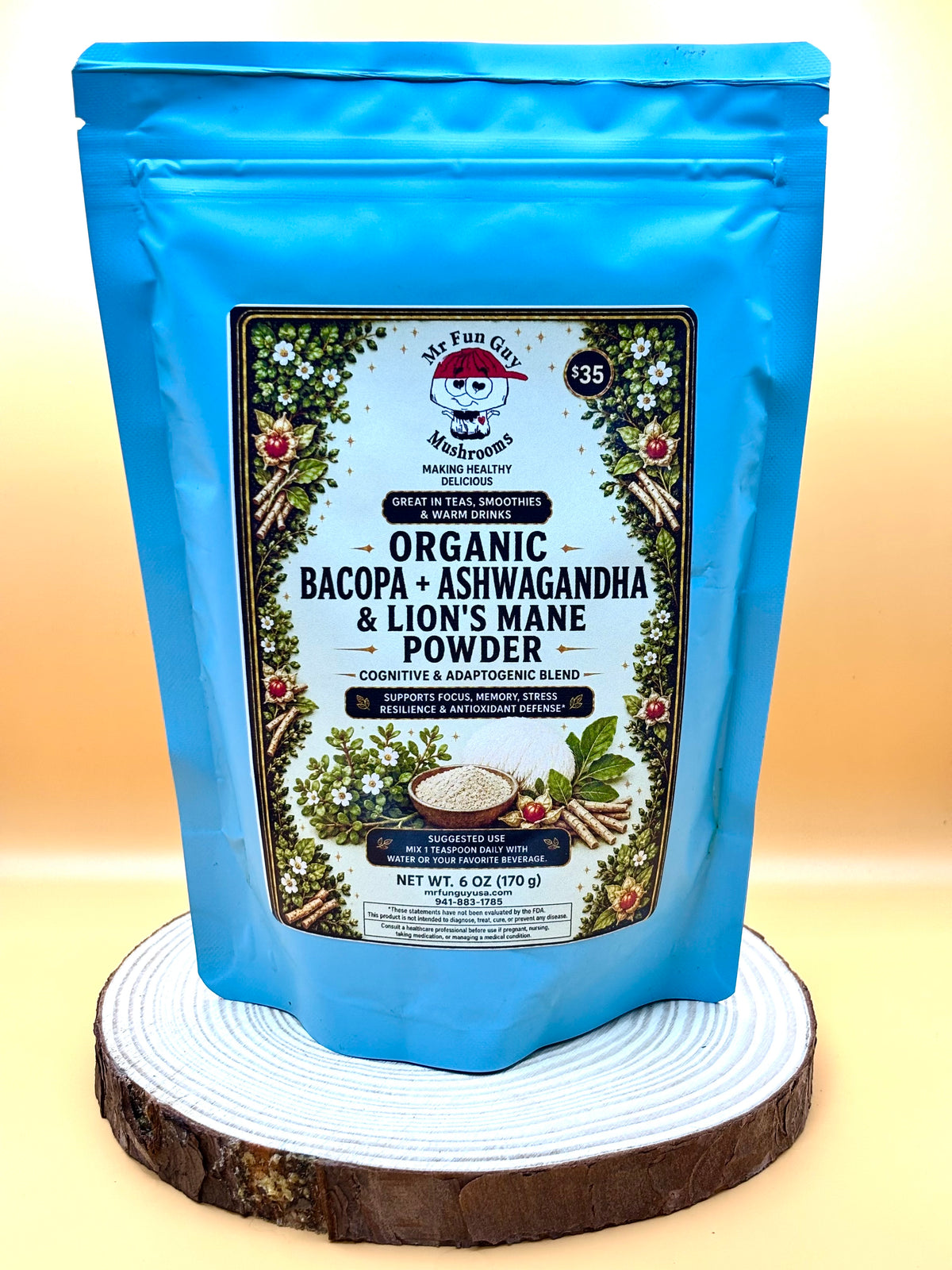 Organic Bacopa, Ashwagandha & Lions Mane Powder 6 oz