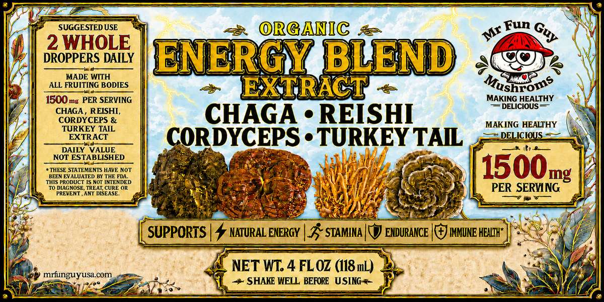 Organic ENERGY BLEND: Chaga, Reishi, Turkey Tail, & Cordyceps Extract 4 oz