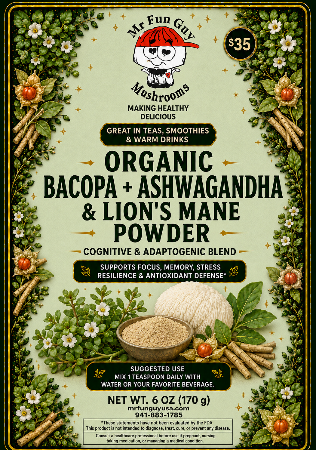 Organic Bacopa, Ashwagandha & Lions Mane Powder 6 oz